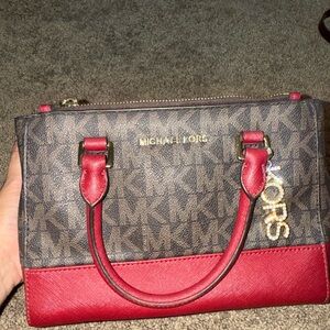 Michael Kors Red and Brown Satchel with Gold Accents
